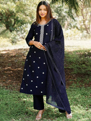 Mameraa Blue Yoke Design Straight Suit With Dupatta - Mameraa