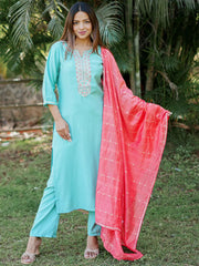 Mameraa Blue Yoke Design Straight Suit With Dupatta - Mameraa