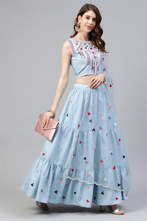 Sky Blue Cotton Multi Embroidered Work Lehenga Choli