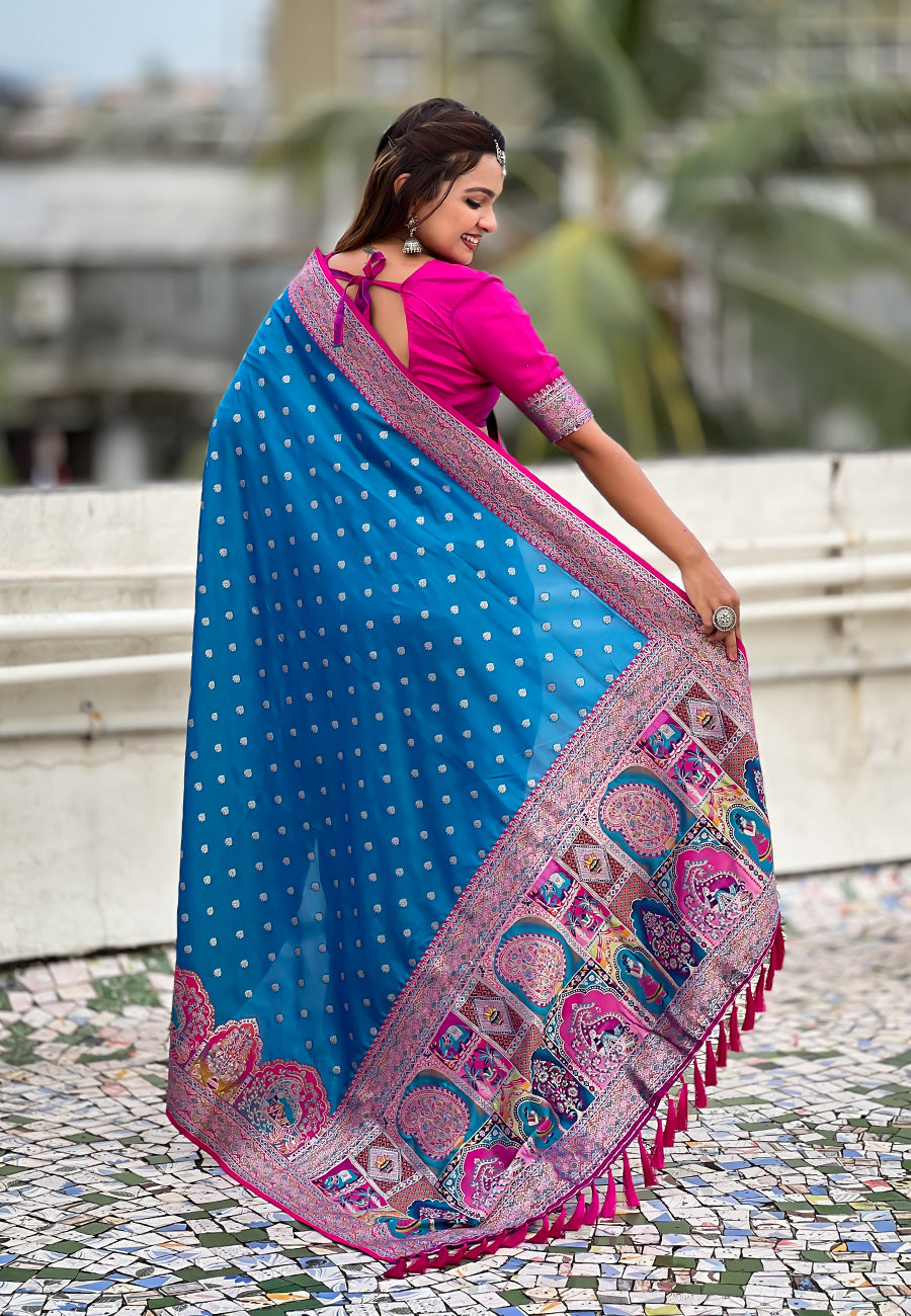 Blue pashmina darbari silk zari woven saree with meenakari border
