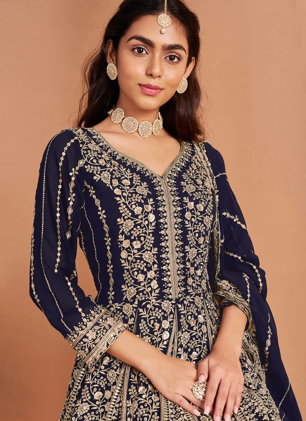 Blue faux georgette embroidered long anarkali suit with dupatta