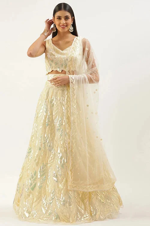 Yellow Soft Net Lehenga Choli with Thread Embroidery