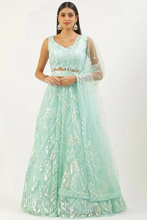 Bollywood Style Blue Lehenga Choli with Thread Embroidery