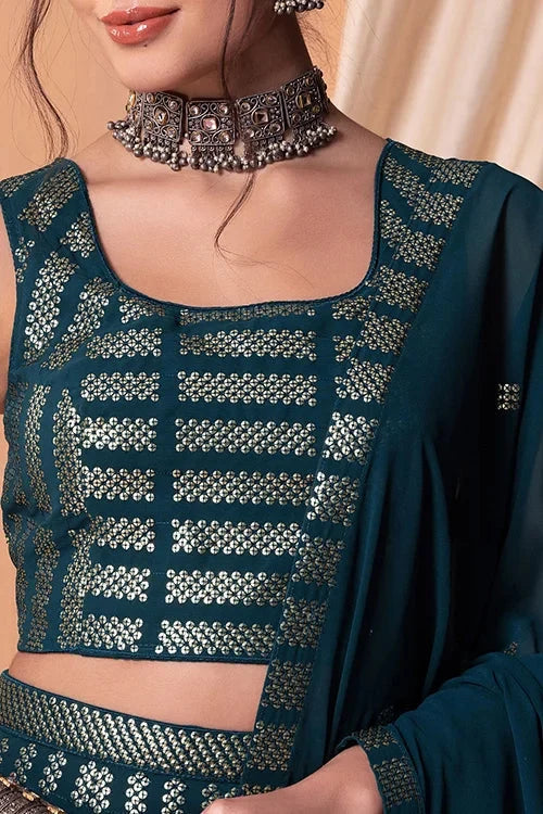Teal Blue Bollywood Georgette Lehenga Choli Online