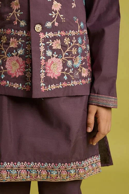 Premium Purple Kids Koti Kurta Pajama Set for Wedding Style