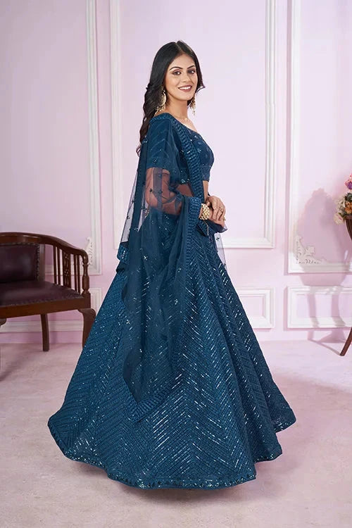 Stylish Blue Georgette Lehenga Choli with Net Dupatta