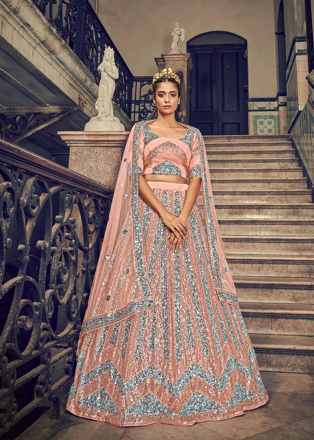 Bridal Peach Lehenga With Heavy Multi Thread Sequins Embroidery Work And 2 Layer Inner And Can-Can Lehenga For Indian Wedding And Party Wear