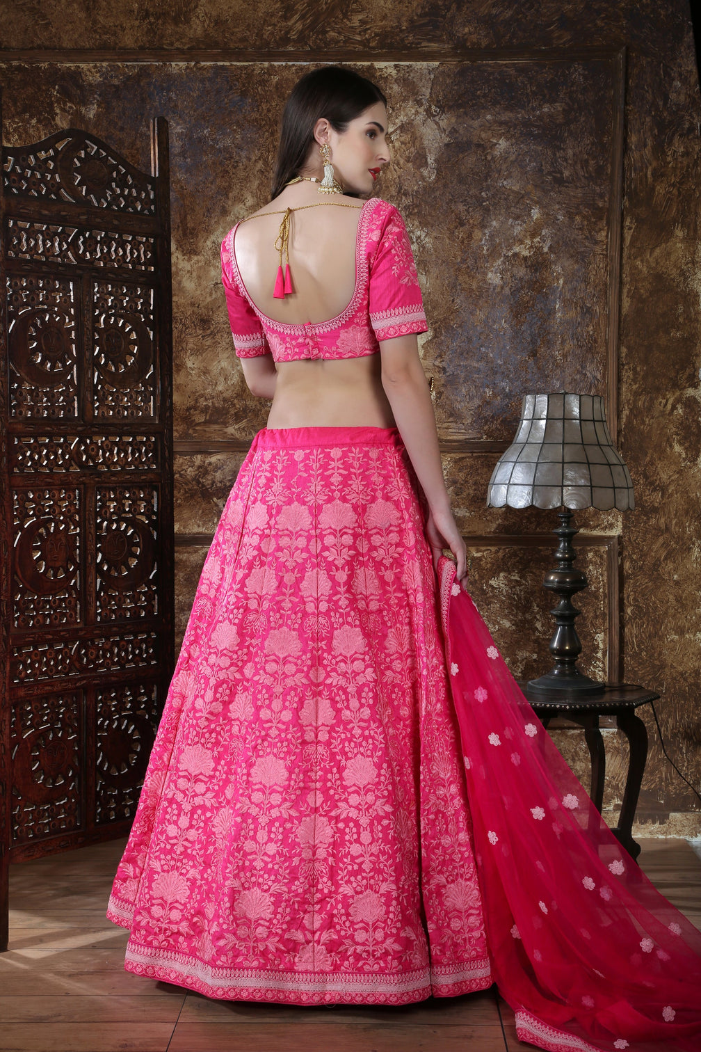 Bright Pink Silk Thread and Sequence Embroidered Lehenga Choli