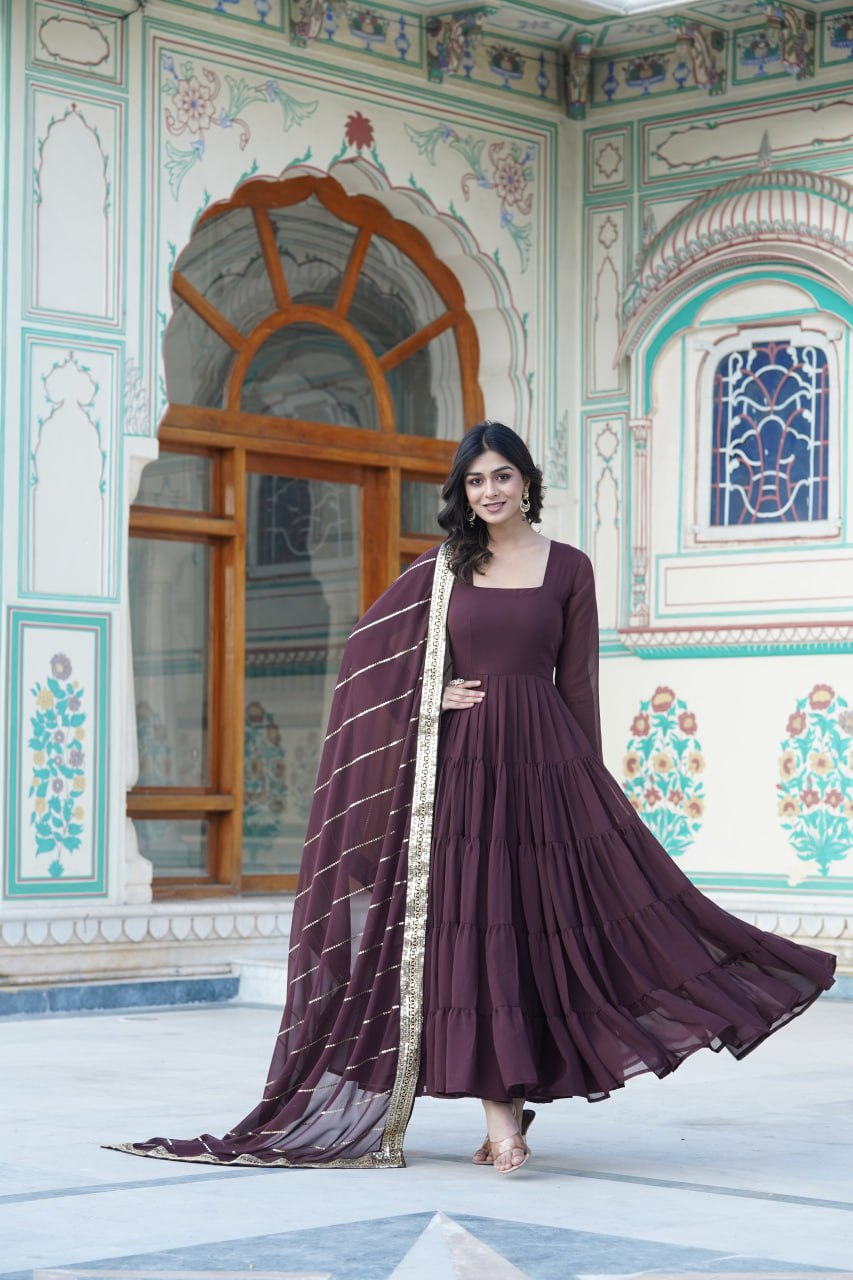 Alluring Brown Faux Georgette Gown with Sequined Dupatta