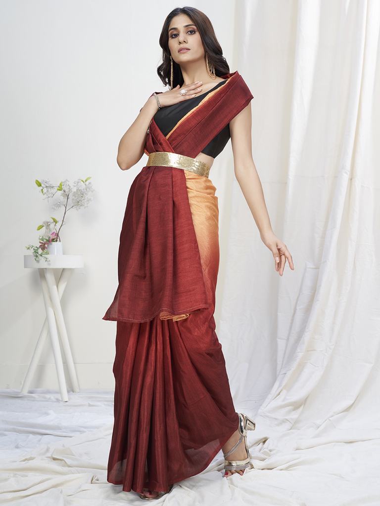 Brown-Orange Lycra Based Saree