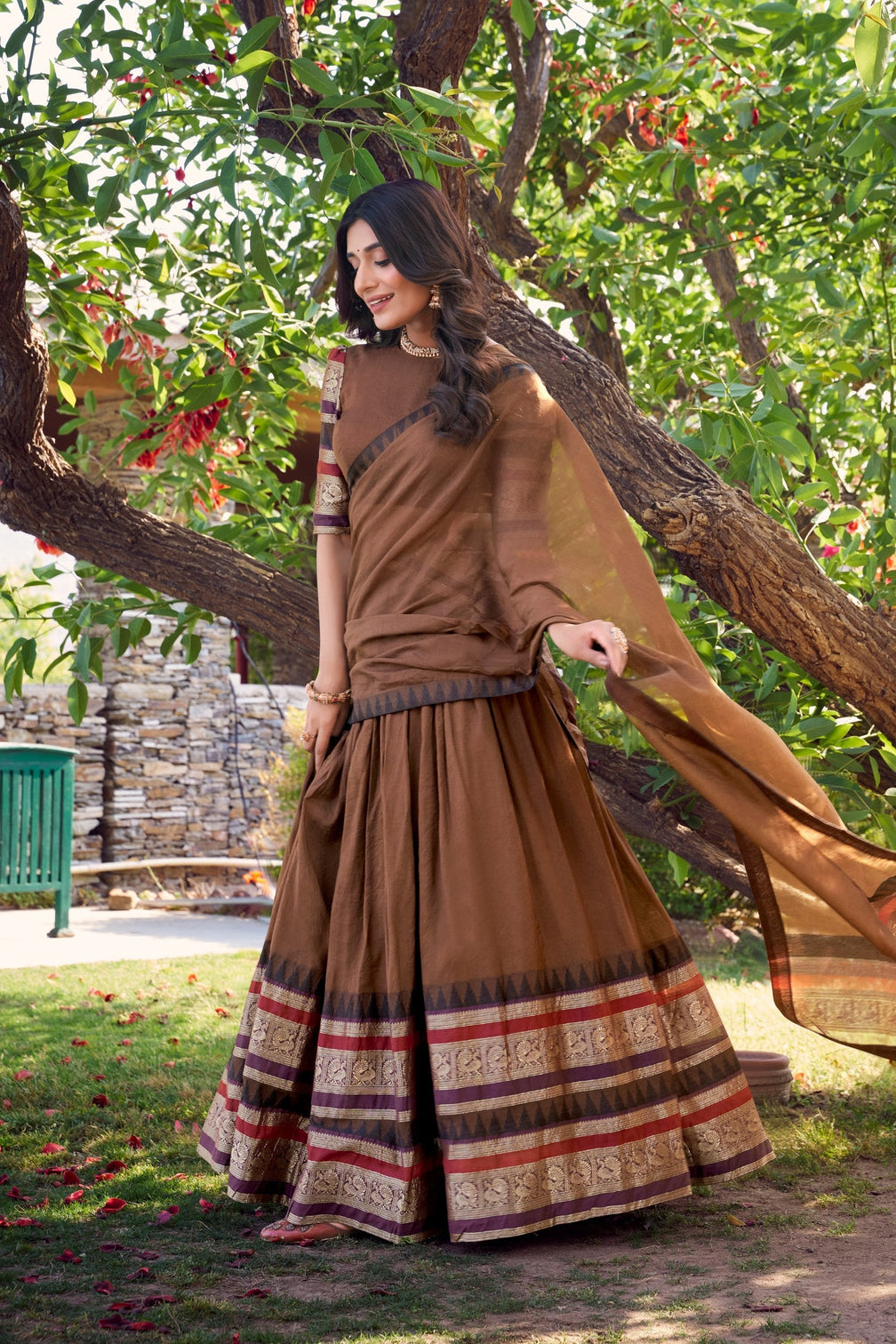 Brown Pure Chanderi Elegance Stitched Lehenga Set with Zari Weaving – 3-Piece Ensemble
