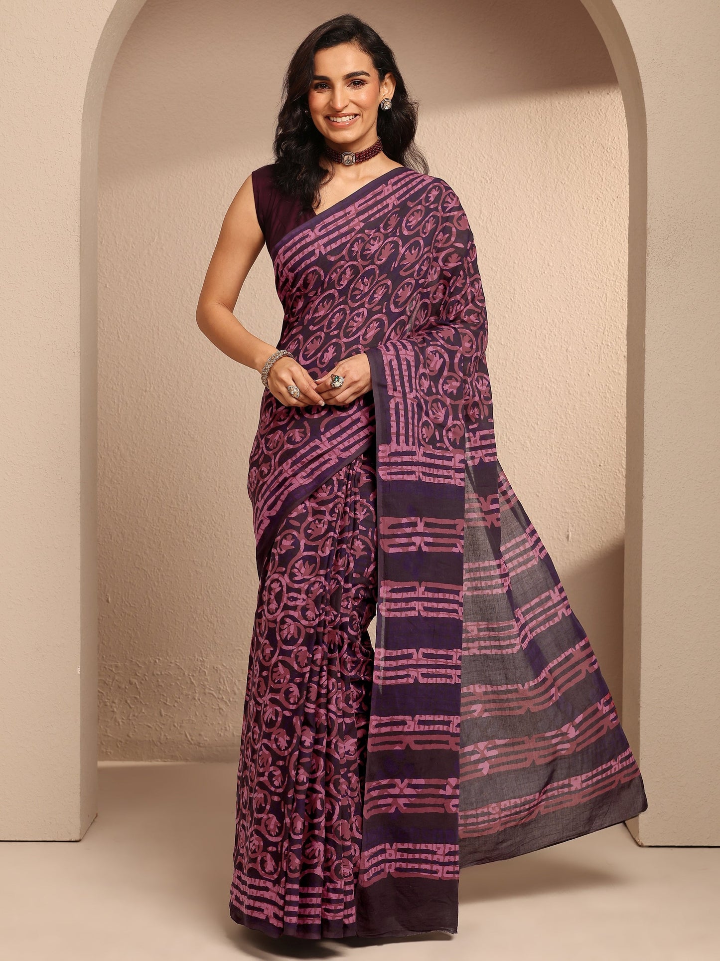 Libas Burgundy Printed Cotton Saree With Unstitched Blouse Piece