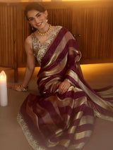 Libas Burgundy Striped Silk Blend Saree