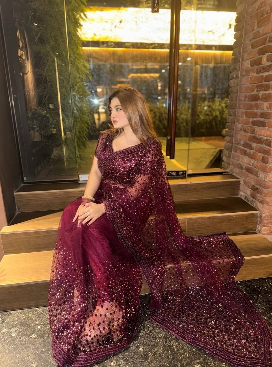 Burgundy Glitter Glamour and Everything in Between  Mesmerizing Net Saree Set