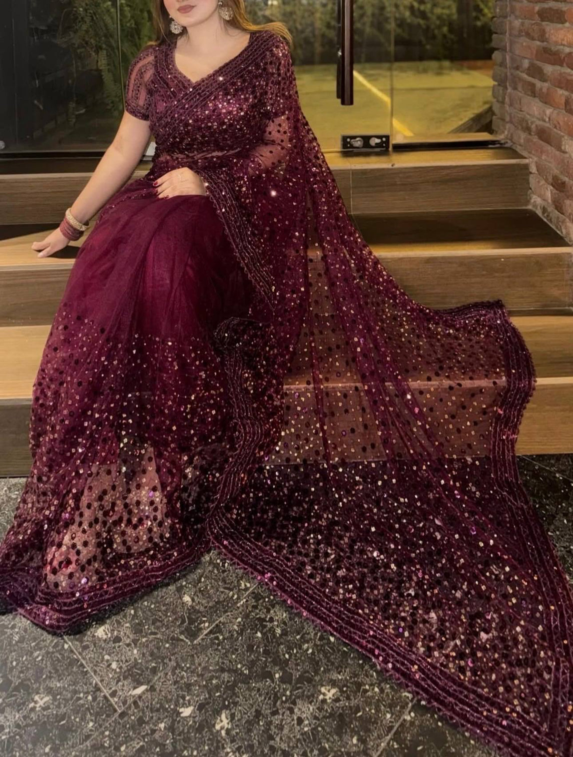 Burgundy Glitter Glamour and Everything in Between  Mesmerizing Net Saree Set