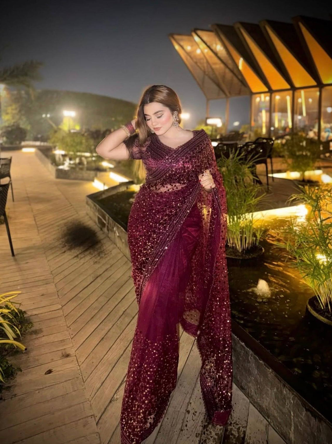 Burgundy Glitter Glamour and Everything in Between  Mesmerizing Net Saree Set