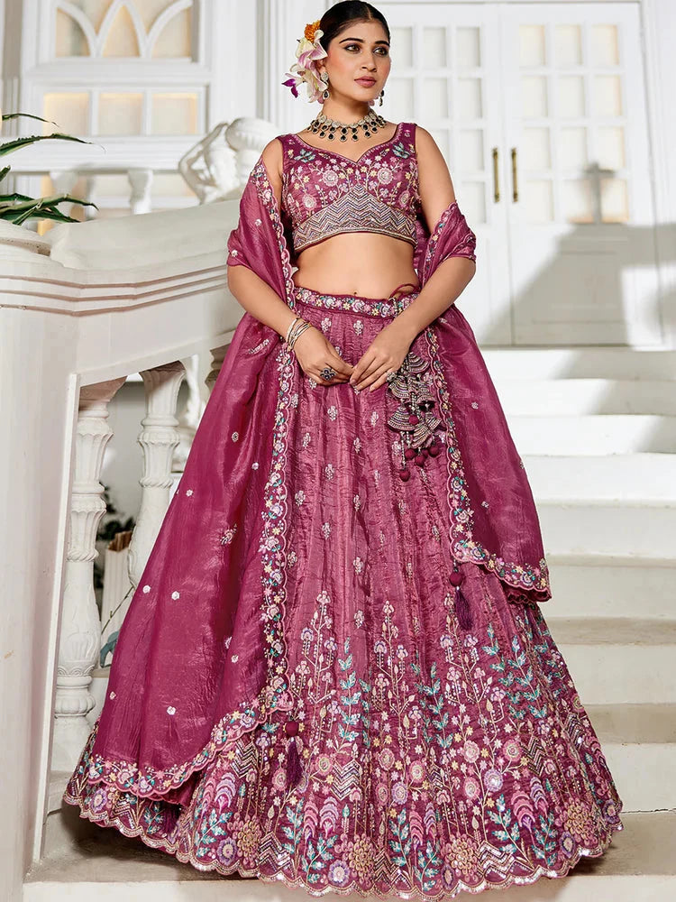 Burgundy Premium Tissue Fabric Semi-Stitched Lehenga Set with Sequins, Coding & Thread Embroidery Work