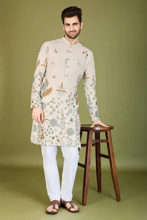 Ivory Viscose Rayon Designer Men's Kurta