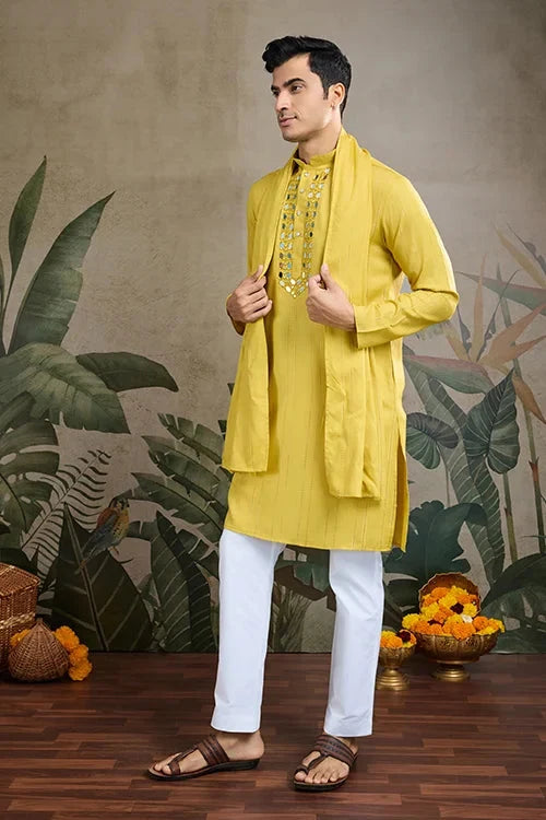 Stylish Look Perfect Haldi Yellow Color Men's Kurta with Dupatta
