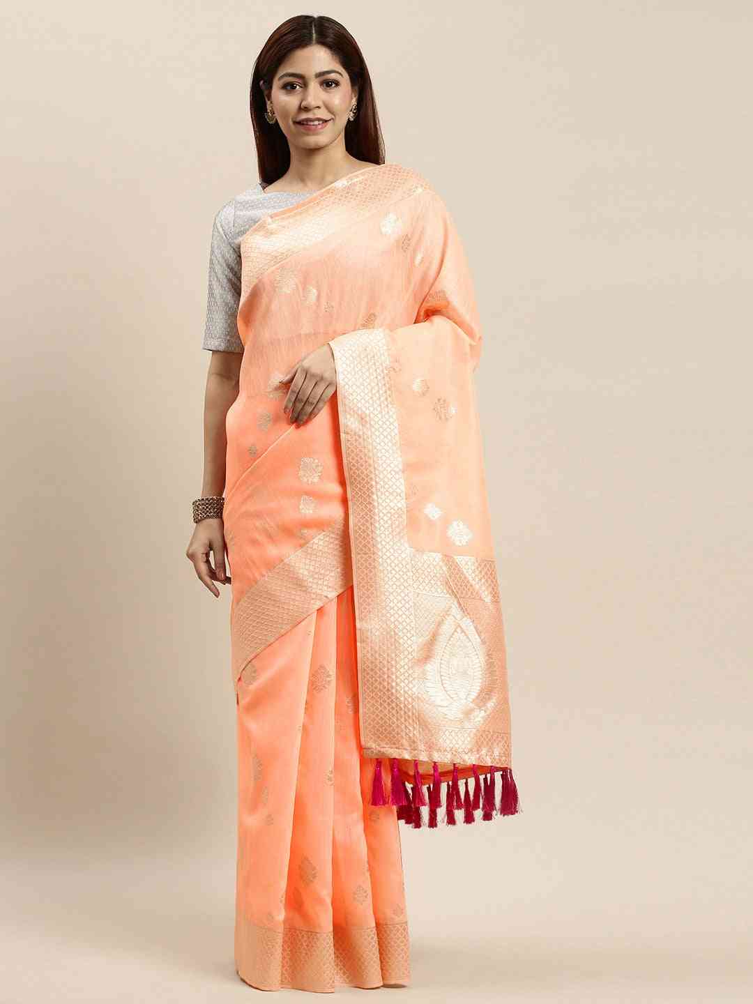 Bollywood Peach Colour Woven Design Cotton Saree