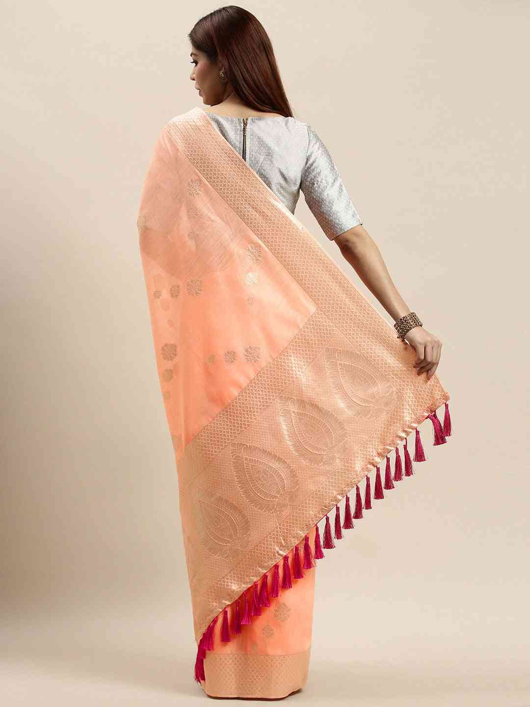 Bollywood Peach Colour Woven Design Cotton Saree