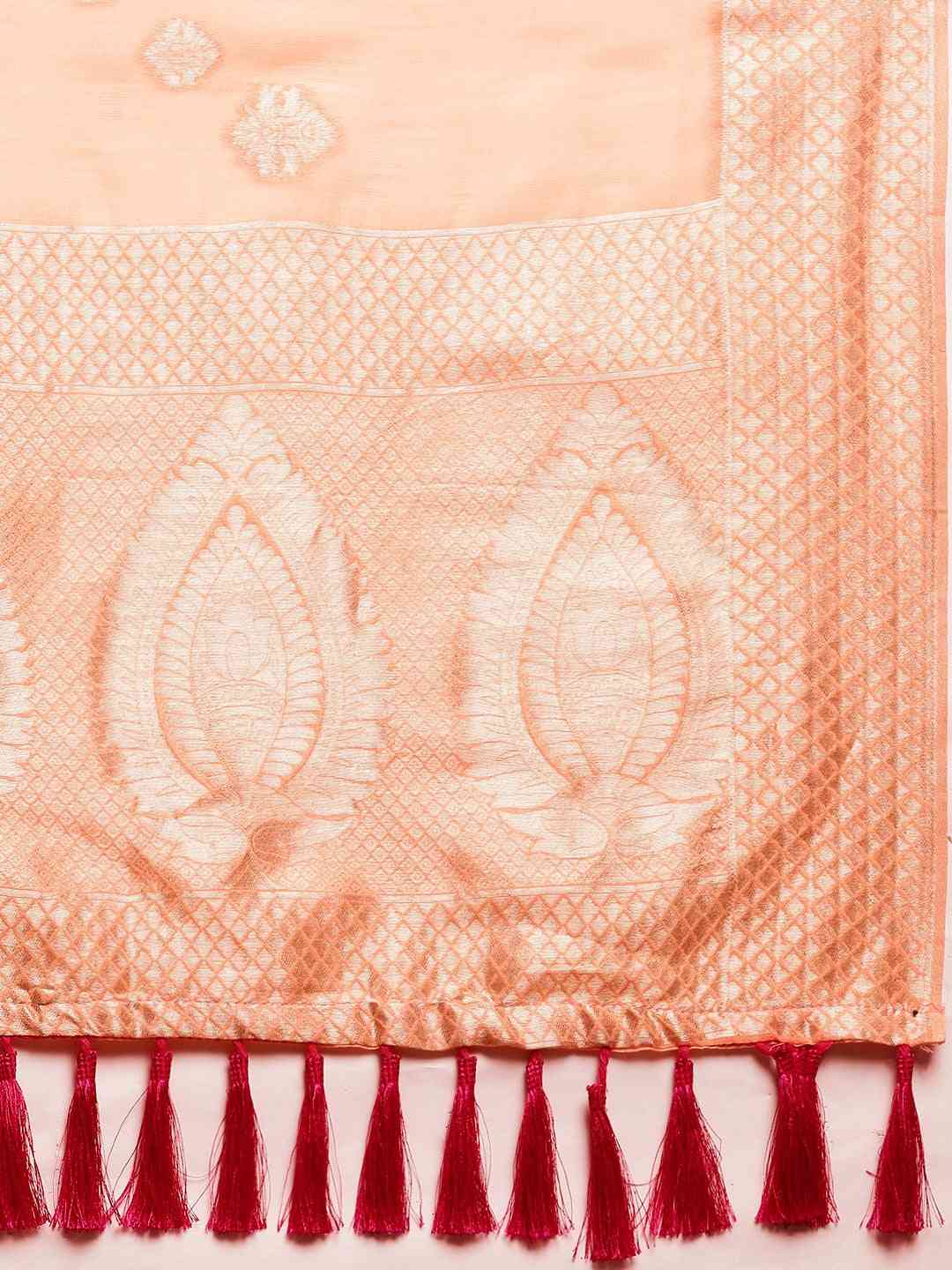 Bollywood Peach Colour Woven Design Cotton Saree