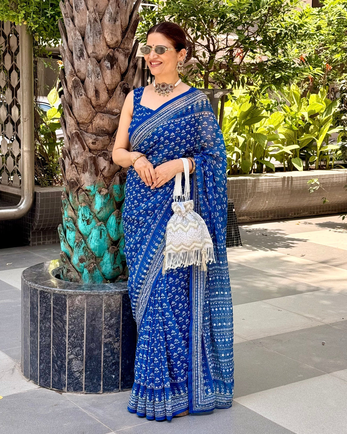 Steel blue modal silk saree with delicate floral butti prints traditional heritage border elegant designer pallu