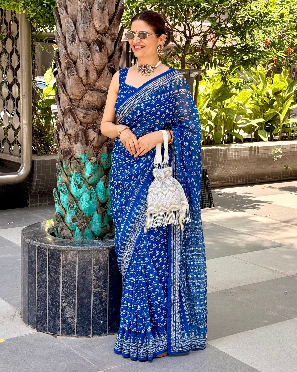 Steel blue modal silk saree with delicate floral butti prints traditional heritage border elegant designer pallu
