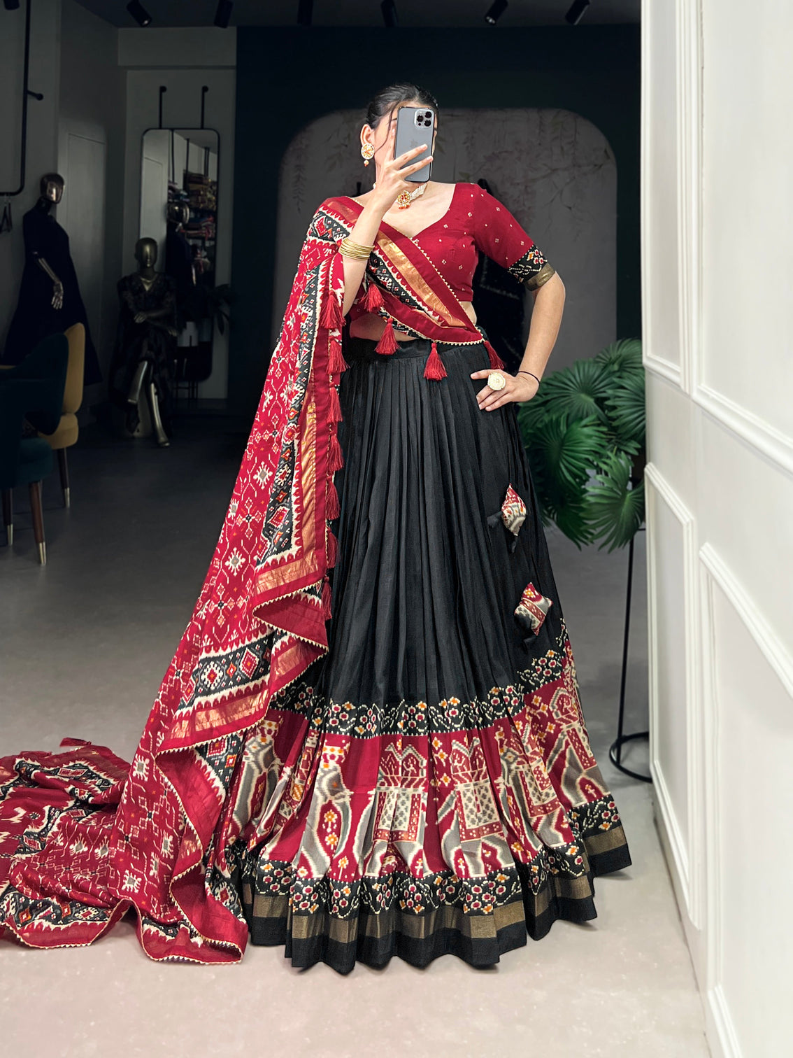Ethnic Black Maroon Lehenga Choli with Tassels & Patola Print