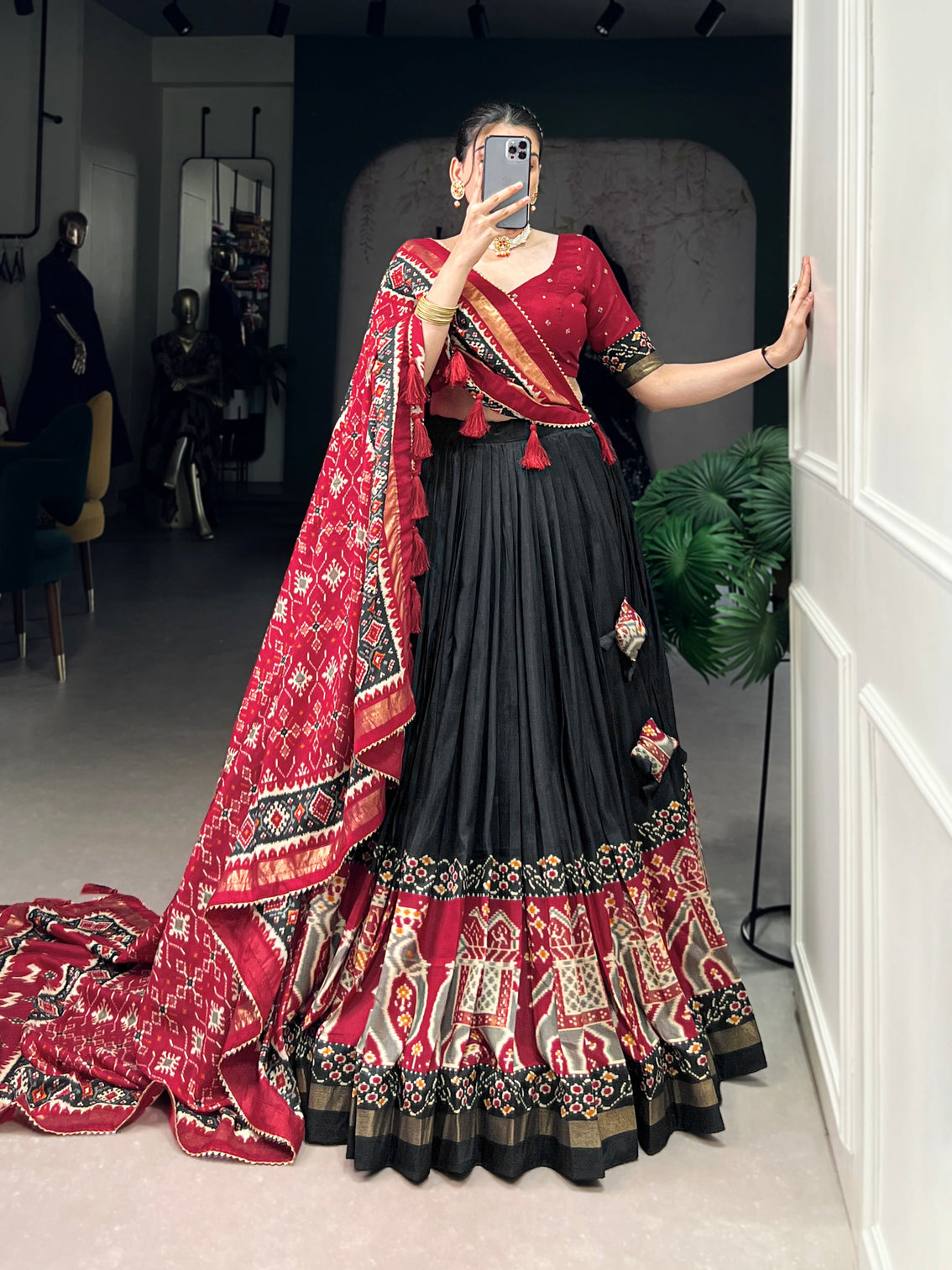 Ethnic Black Maroon Lehenga Choli with Tassels & Patola Print