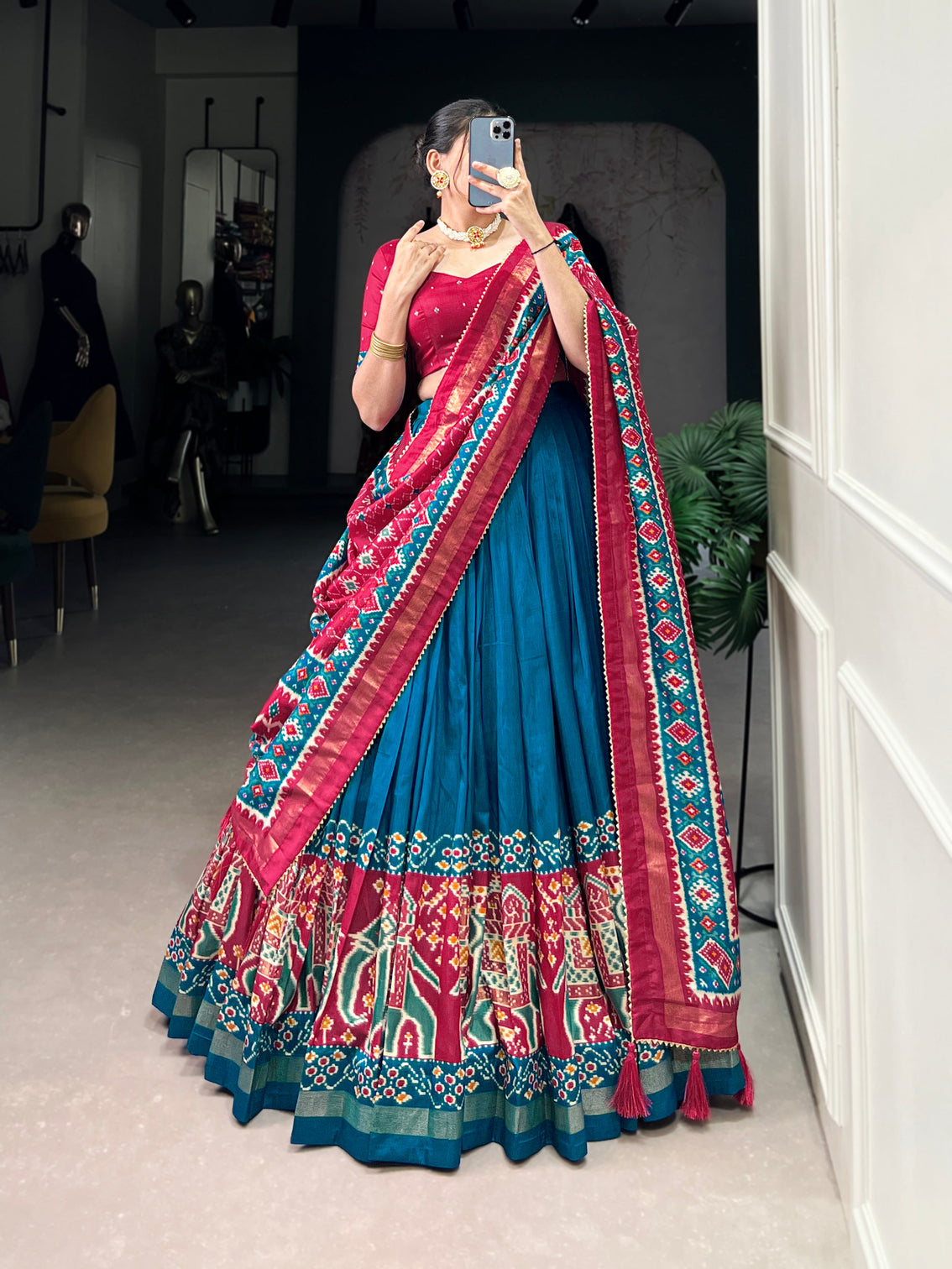 Ethnic Firoji & Pink Lehenga Choli with Tassels & Patola Print
