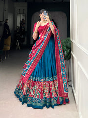 Ethnic Firoji & Pink Lehenga Choli with Tassels & Patola Print