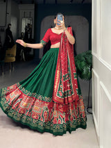 Ethnic Green & Red Lehenga Choli with Tassels & Patola Print