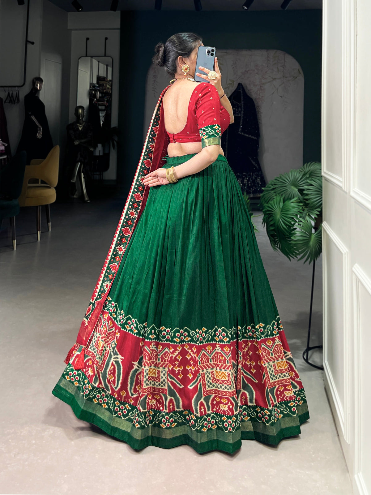 Ethnic Green & Red Lehenga Choli with Tassels & Patola Print