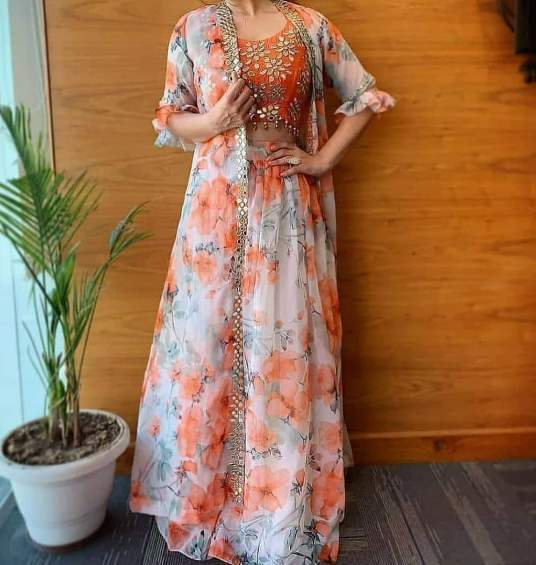 Lehenga Choli Indo Western in Organza Silk with Digitally Printed