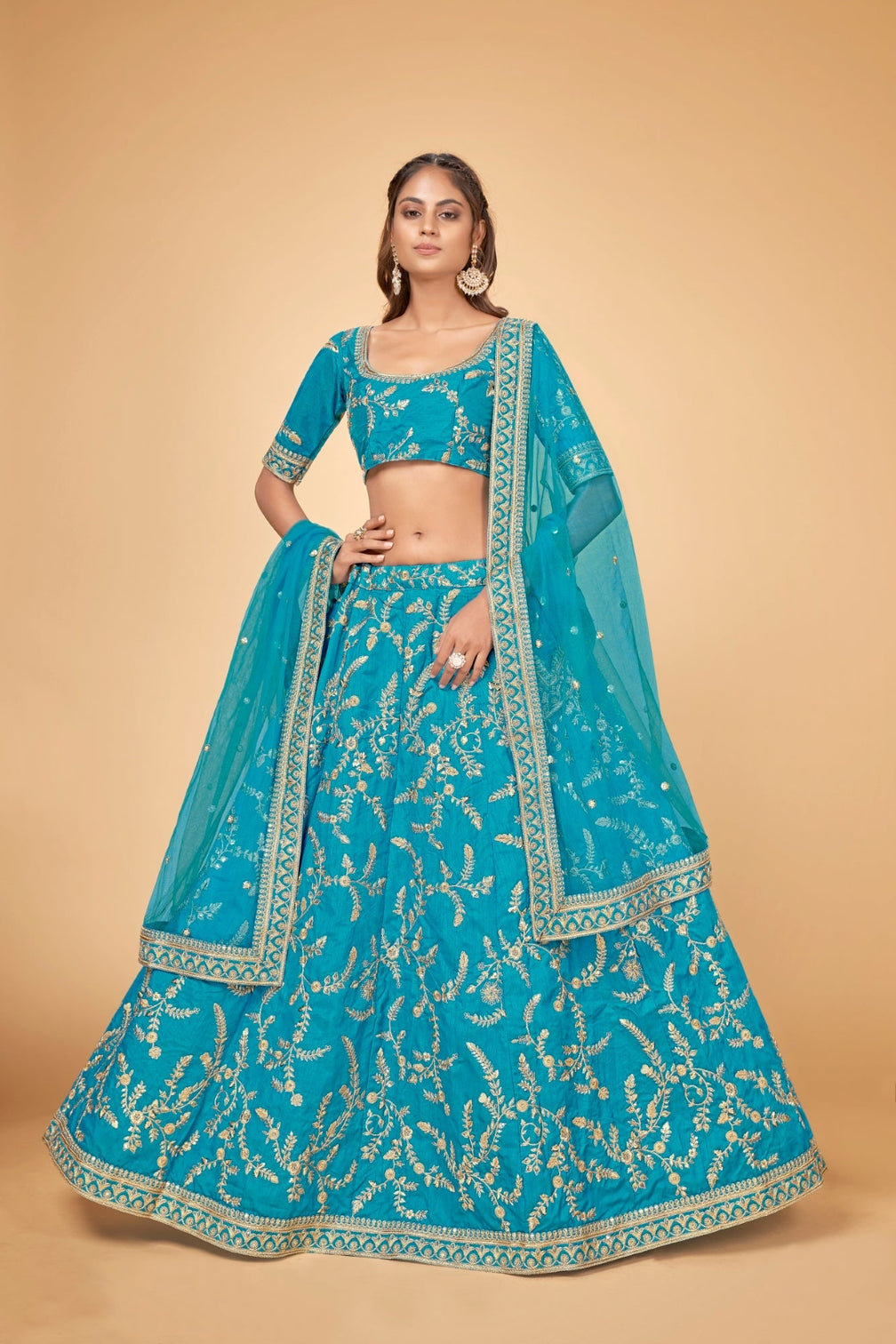 Blue & Gold Embroidered Poly Silk Lehenga Choli