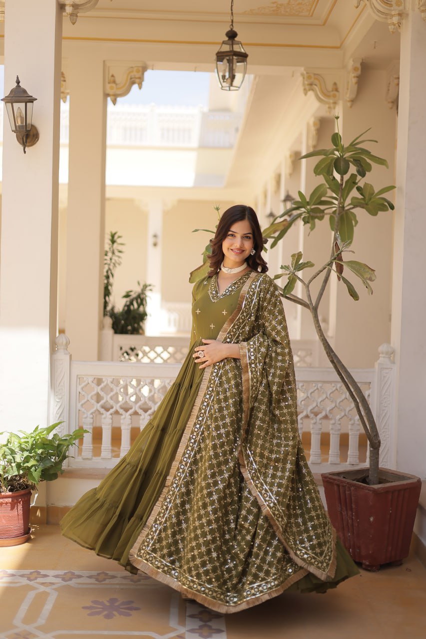 Enthralling Sequin Embroidered Mehendi Color Gown with Designer Dupatta - Festive Wear