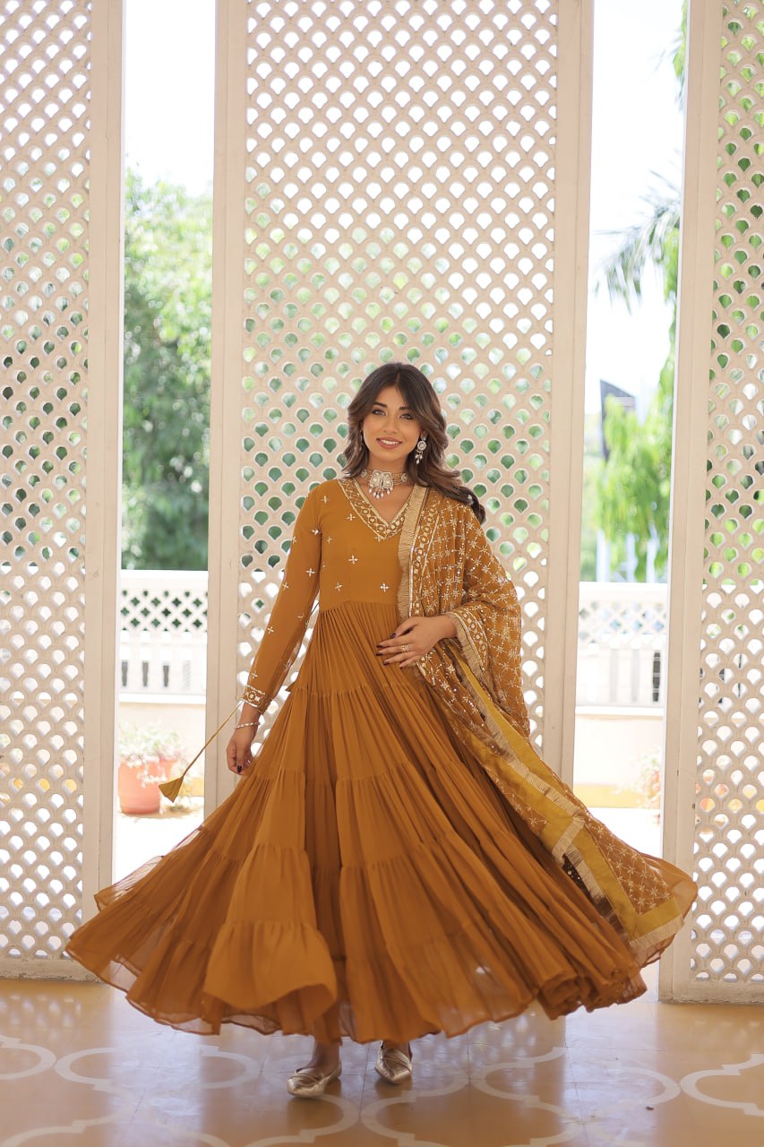 Enthralling Sequin Embroidered Mustard Yellow Gown with Designer Dupatta - Festive Wear