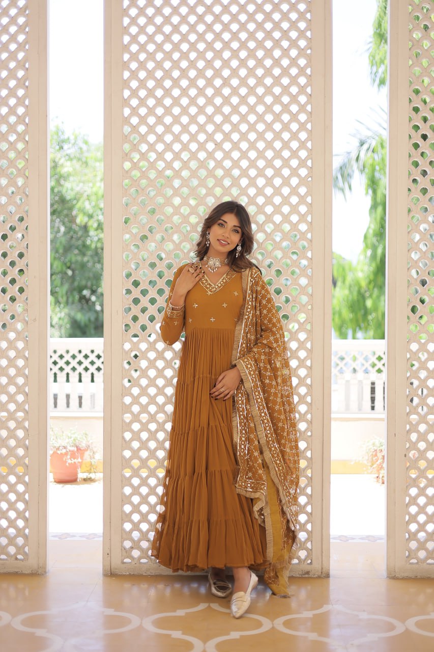 Enthralling Sequin Embroidered Mustard Yellow Gown with Designer Dupatta - Festive Wear