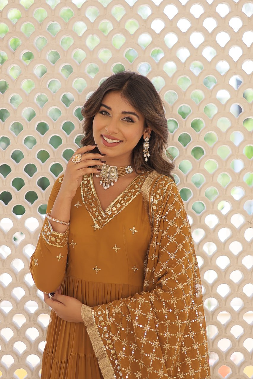 Enthralling Sequin Embroidered Mustard Yellow Gown with Designer Dupatta - Festive Wear