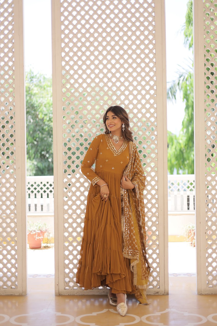 Enthralling Sequin Embroidered Mustard Yellow Gown with Designer Dupatta - Festive Wear