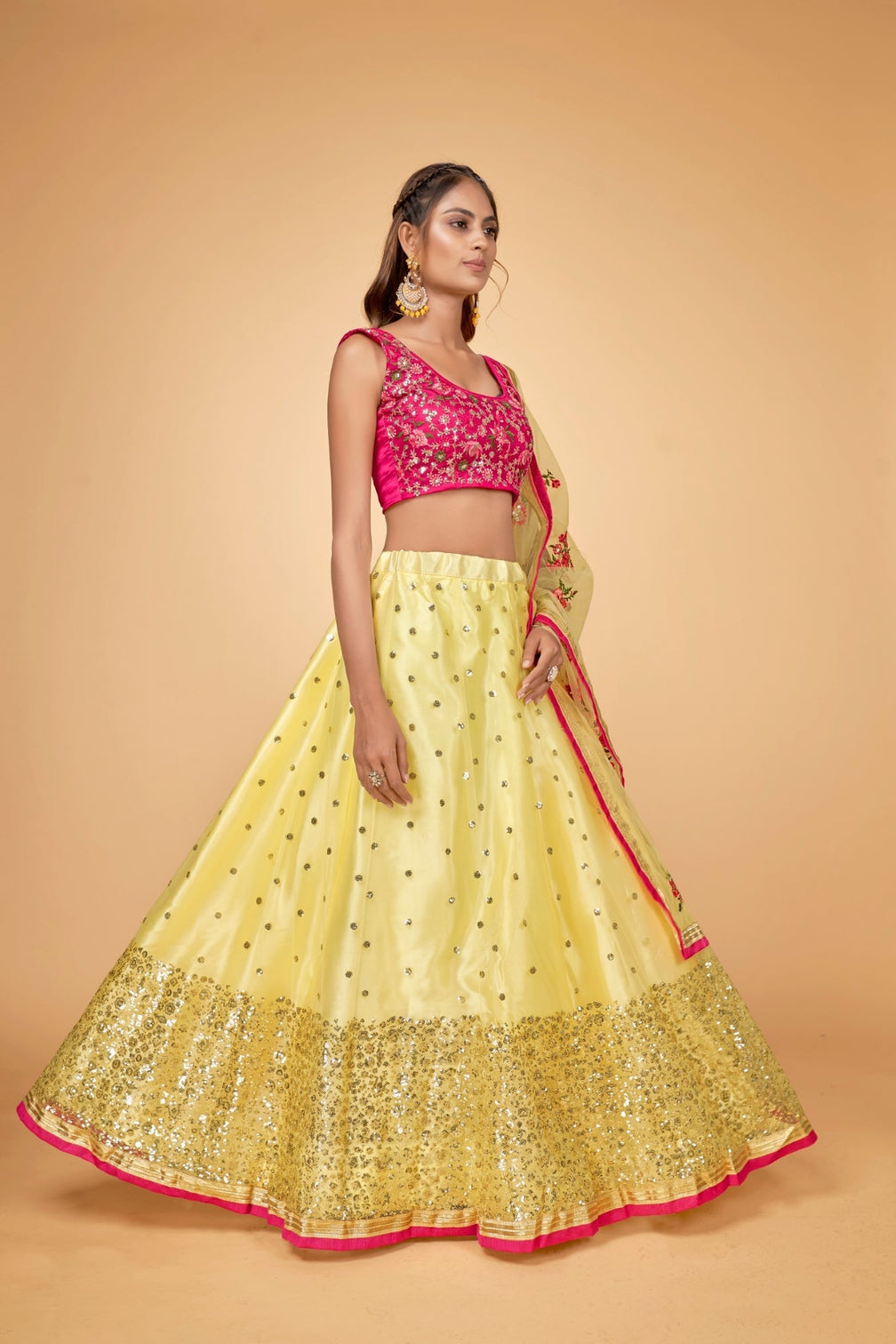 Yellow & Green Embroidered Sequin Lehenga Choli Set