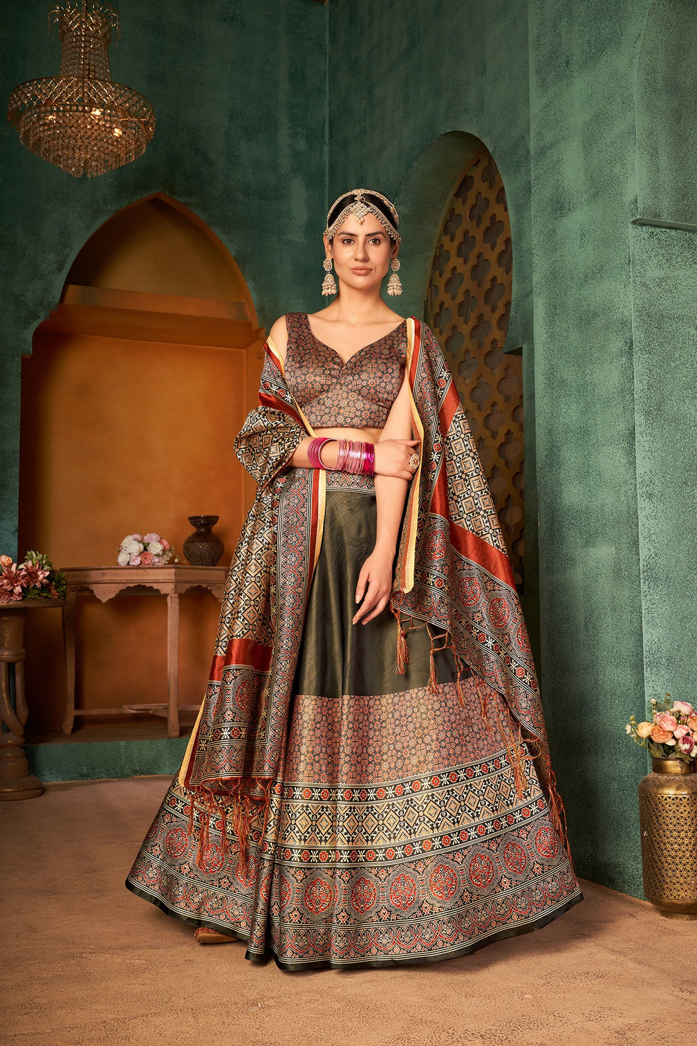 Captivating Green Digital Printed Silk Reception Wear Lehenga Choli
