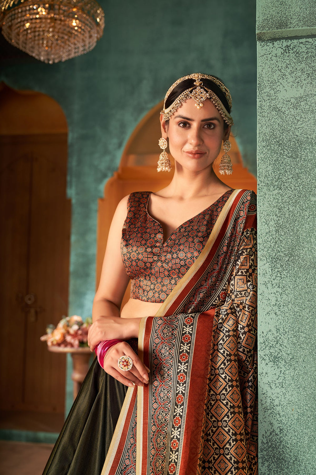 Captivating Green Digital Printed Silk Reception Wear Lehenga Choli