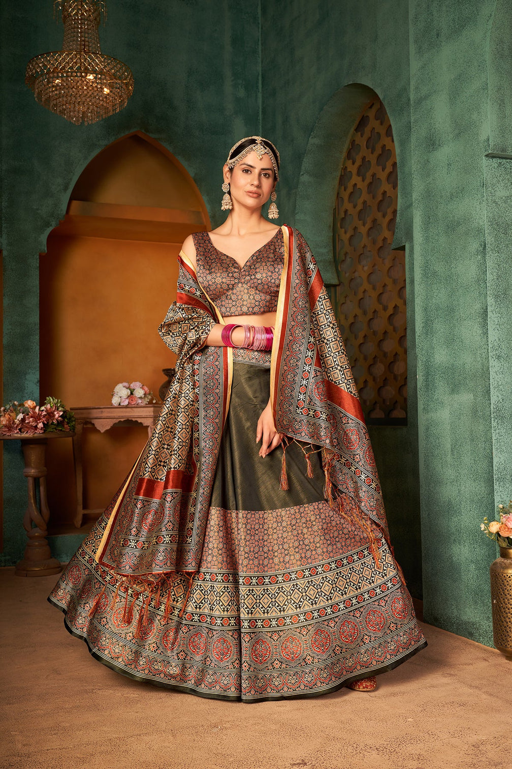 Captivating Green Digital Printed Silk Reception Wear Lehenga Choli
