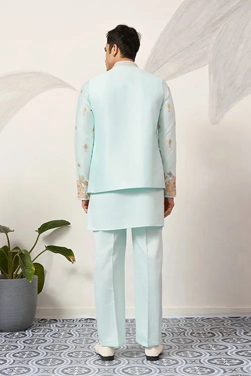 Luxury Wedding & Carnival Wear Pista Green Koti Kurta for Men
