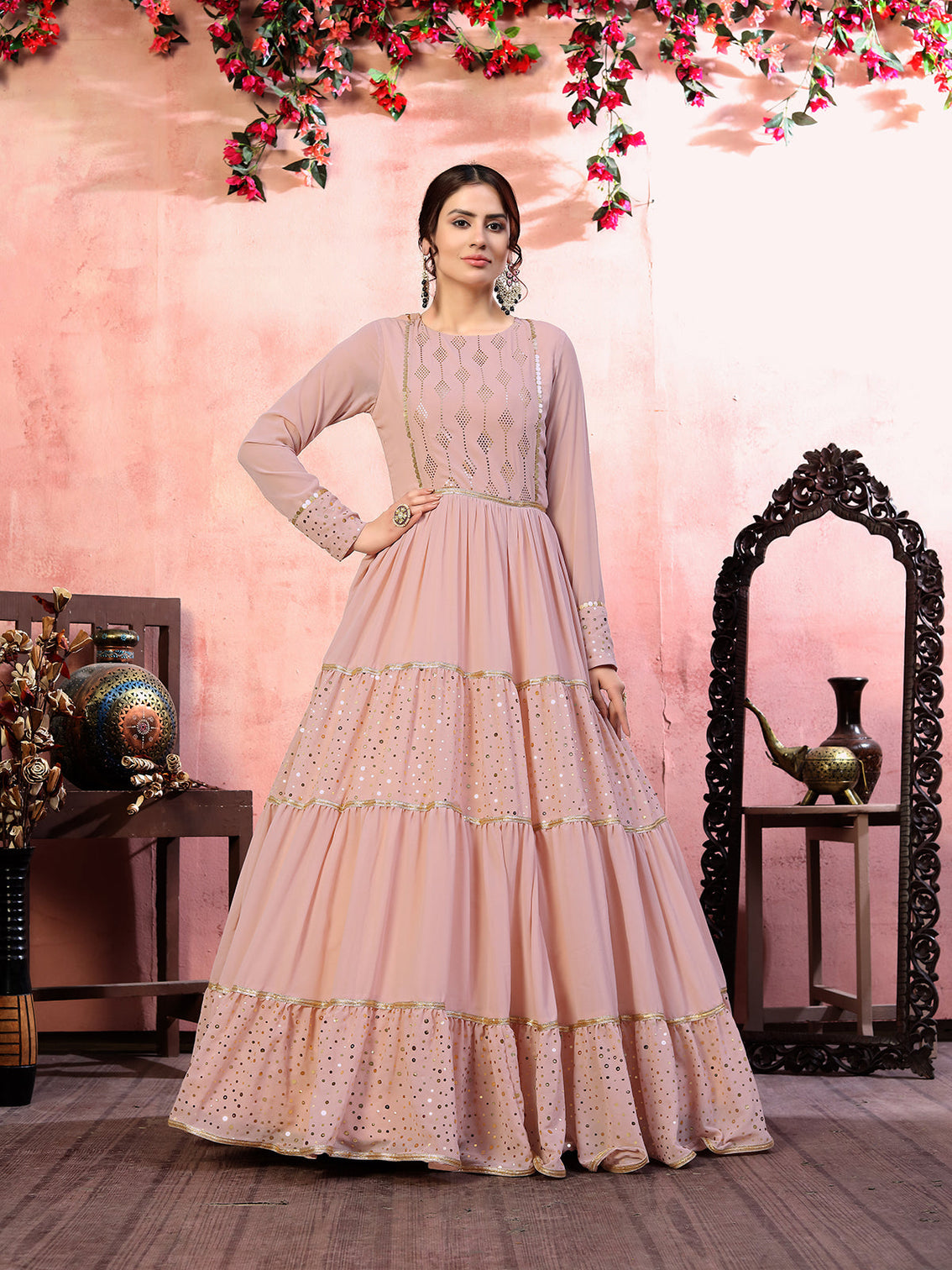 Casual Wear Dusty Pink Santoon Flared Gown With Fancy Sequins