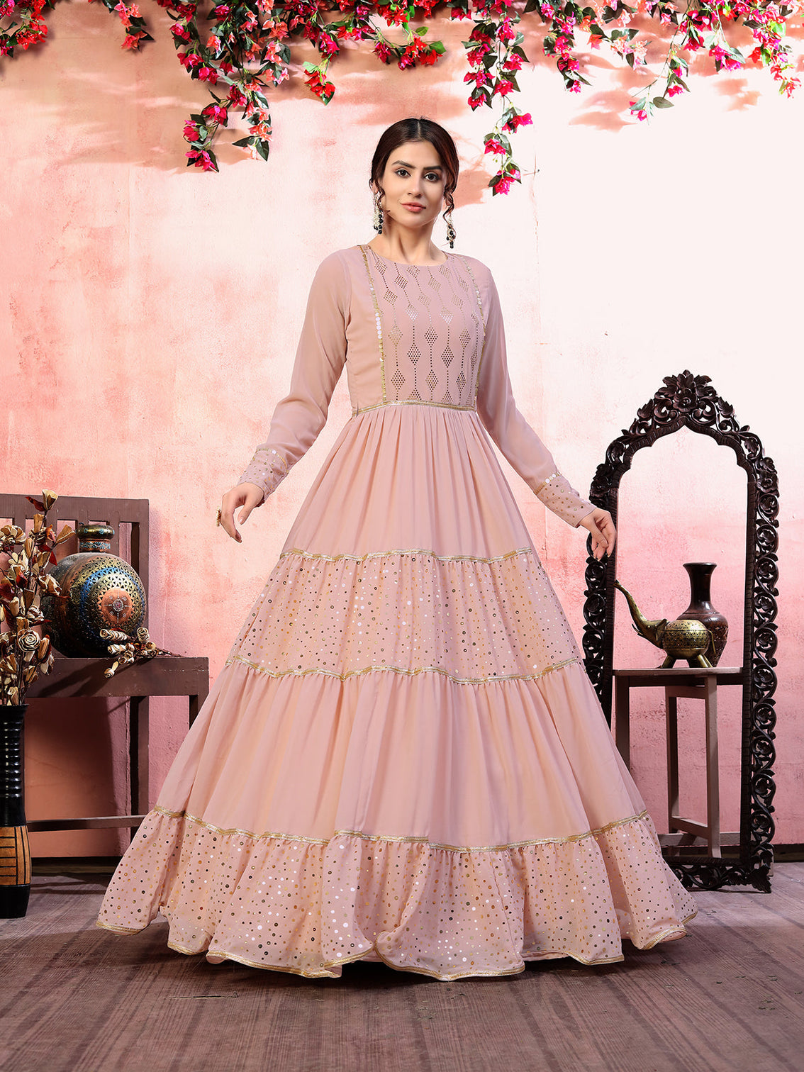 Casual Wear Dusty Pink Santoon Flared Gown With Fancy Sequins