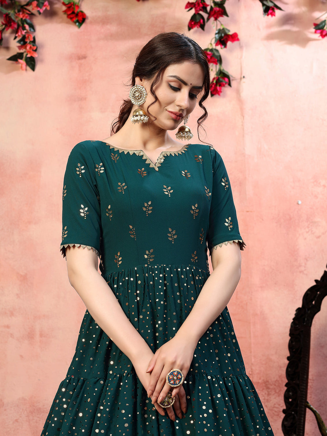 Casual Wear Green Georgette Gown With Fancy Sequins