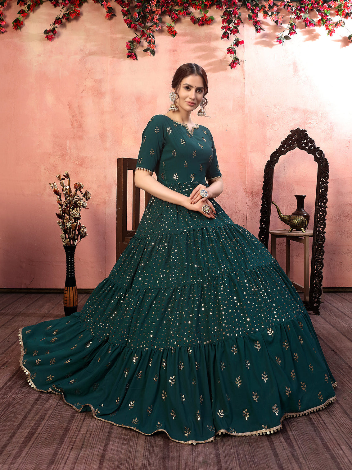Casual Wear Green Georgette Gown With Fancy Sequins
